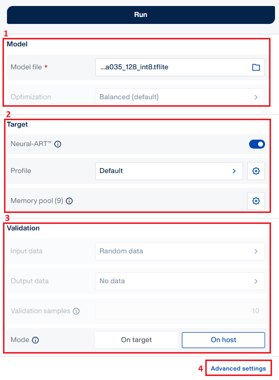 STM32Cube AI Studio validation run settings panel