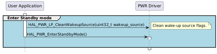 @startuml
hide footbox
participant "User Application" as part1
participant "PWR Driver" as part2

activate part1
group #lightblue Enter Standby mode
"part1"->"part2"  : HAL_PWR_LP_CleanWakeupSource(uint32_t wakeup_source)
note right: Clean wake-up source flags.
"part1"->"part2"  : HAL_PWR_EnterStandbyMode()
deactivate part1
activate part2
...
end
@enduml