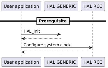 @startuml
==Prerequisite==

participant App as "User application"
participant "HAL GENERIC" as GENERIC
participant "HAL RCC" as RCC

App -> GENERIC : HAL_Init
GENERIC --> App 
App -> RCC : Configure system clock
RCC --> App
@enduml