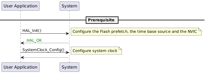 @startuml

skinparam backgroundColor #FFFFFF
' To add a number by line
'autonumber

' Fix order of each column
participant "User Application" as App
participant System

== Prerequisite ==

App -> System:HAL_Init()
note right
Configure the Flash prefetch, the time base source and the NVIC
end note

System --> App:<color green> HAL_OK

App -> System:SystemClock_Config()
note right
Configure system clock
end note
App <-- System:

@enduml