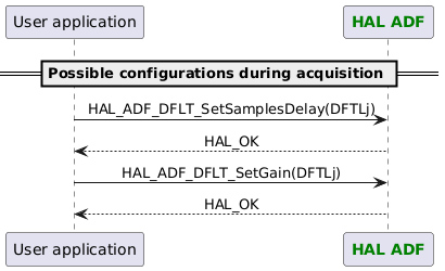 @startuml

skinparam DefaultTextAlignment center

participant App as "User application"
participant "<font color=green><b>HAL ADF</b></font>" as ADF

== Possible configurations during acquisition ==
App -> ADF : HAL_ADF_DFLT_SetSamplesDelay(DFTLj)
App <-- ADF :HAL_OK
App -> ADF : HAL_ADF_DFLT_SetGain(DFTLj)
App <-- ADF :HAL_OK

@enduml